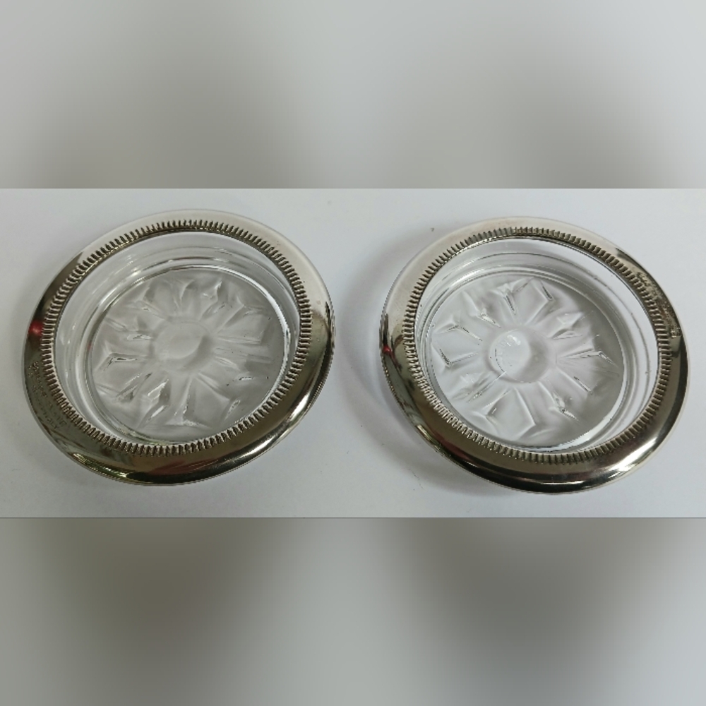 Leonard Crystal Glass Coasters with Silver Plate Edge Made in Italy Set of 2 Vtg